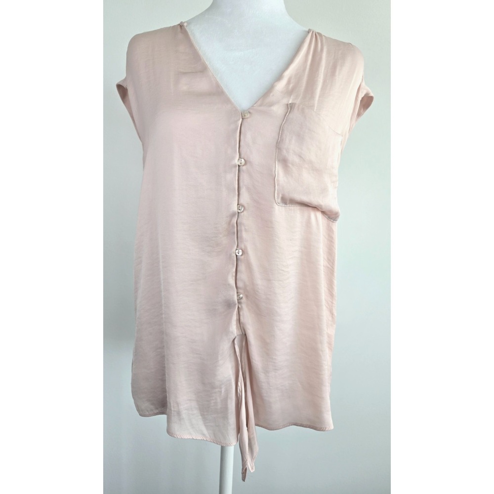 Zara Trafaluc Dusty Pink Cap Sleeves Button Up Tie V Blouse front pocket Sz XS